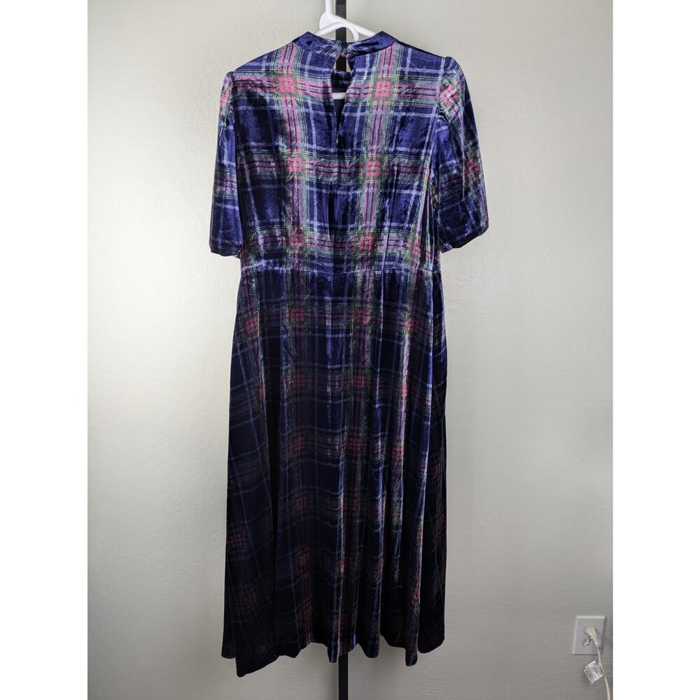 Boden Velvet High Neck Dress Short Puff Sleeve Blue Colorful Plaid - Picture 3 of 10